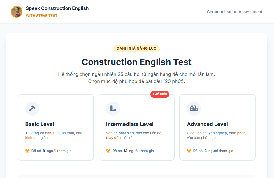3 level test tiếng anh xây dựng