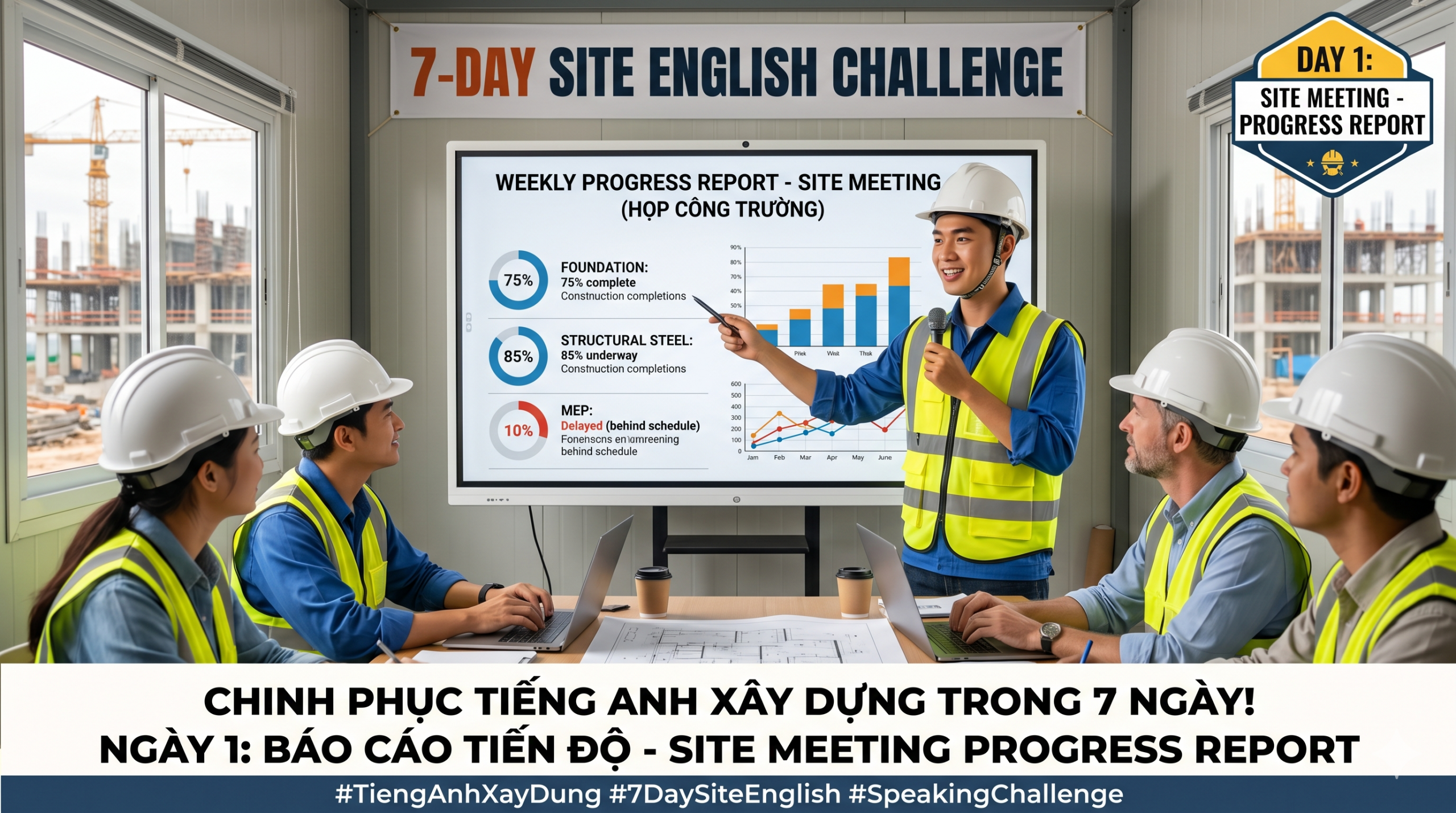Tiếng Anh Xây Dựng: Làm Chủ Kỹ Năng Báo Cáo Tiến Độ (Day 1 – 7 Day Challenge)