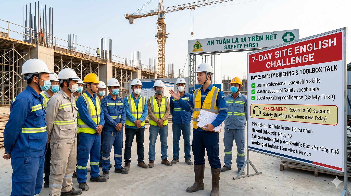 Tiếng Anh Xây Dựng Ngày 2: Kỹ Năng Dẫn Dắt Safety Briefing & Toolbox Talk Chuyên Nghiệp